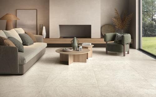 Carrelage CASTELVETRO ROMA avorio effet pierre grand format 100x100 cm. Couleur beige 